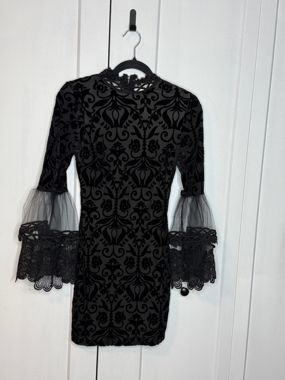 monaco Black Velvet Damask burnout Mini Dress with Lace Bell Sleeves XS